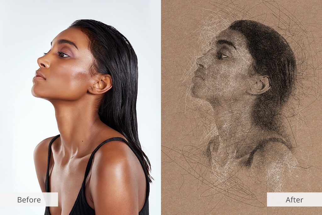 A before and after picture of a woman 's face.