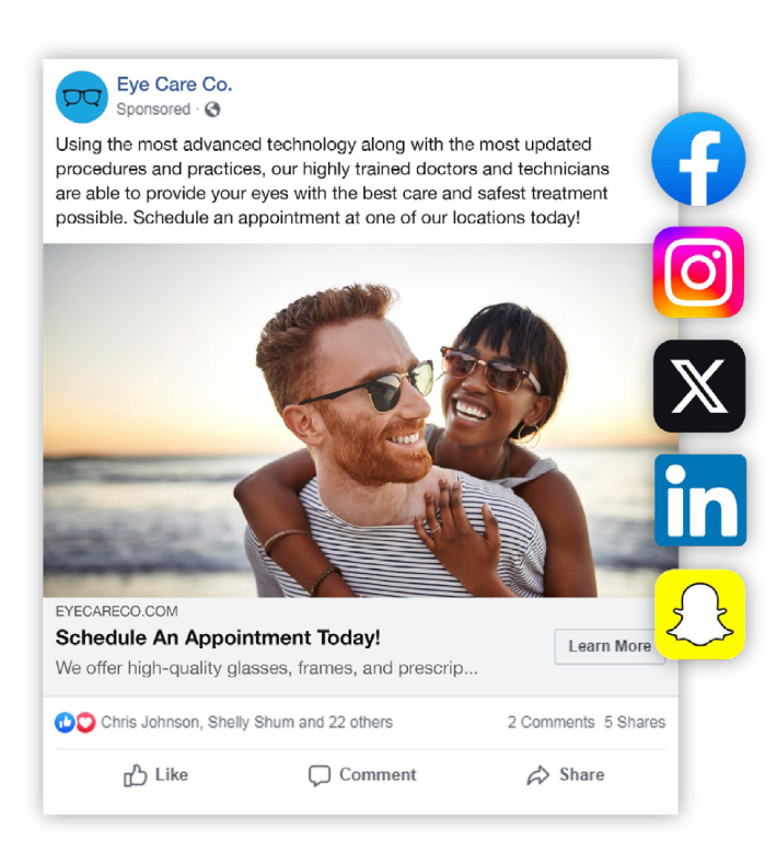 An ad for eye care co. shows a man and woman hugging on the beach.