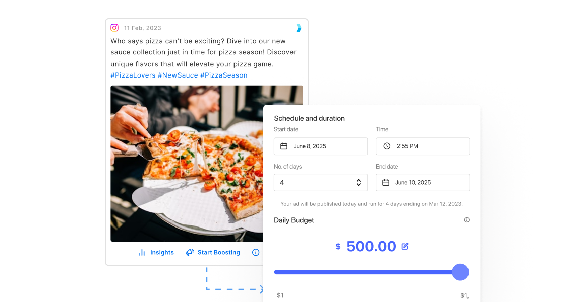 Online food delivery checkout screen with a pizza photo and a blue price slider set to $500.00