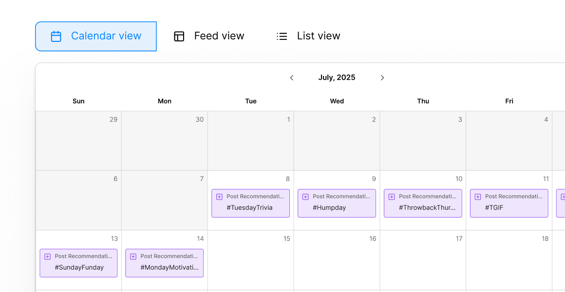 Weekly calendar view with several purple event blocks spread across the days.