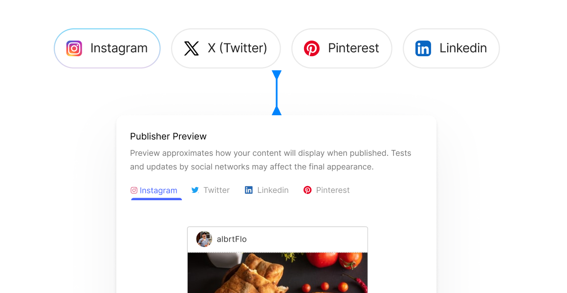 Social media share buttons above a webpage preview with a blue arrow pointing to the content below