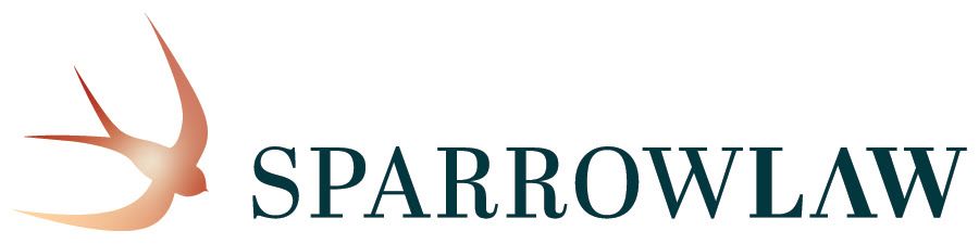 A logo for sparrow law with a bird on a white background.