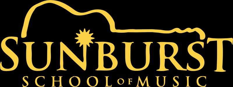 The sunburst school of music logo is yellow on a black background