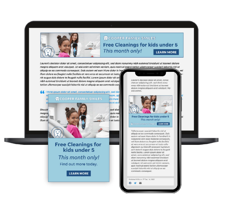 A laptop and a cell phone are displaying an advertisement for free cleanings for kids under 5