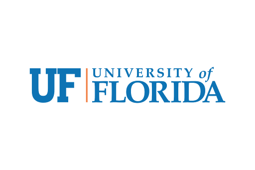 The university of florida logo is blue and orange on a white background