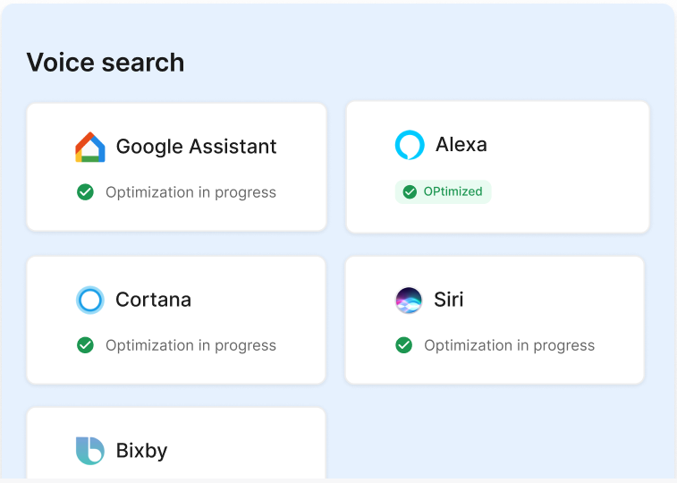 Voice search settings screen with Google Assistant, Alexa, Cortana, Siri, and Bixby cards.