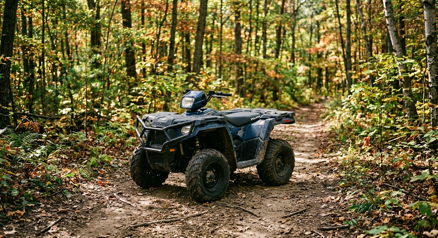 Two ATVs parked on a dirt trail through Indiana woods with a rider in helmet and gear checking a trail map