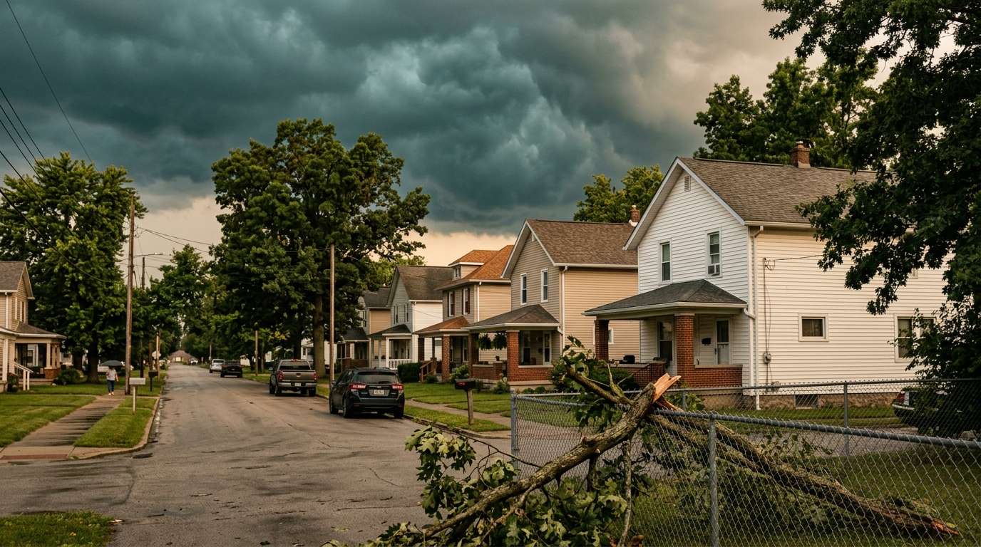 Dark storm clouds gathering over a quiet residential Indiana street with mature trees