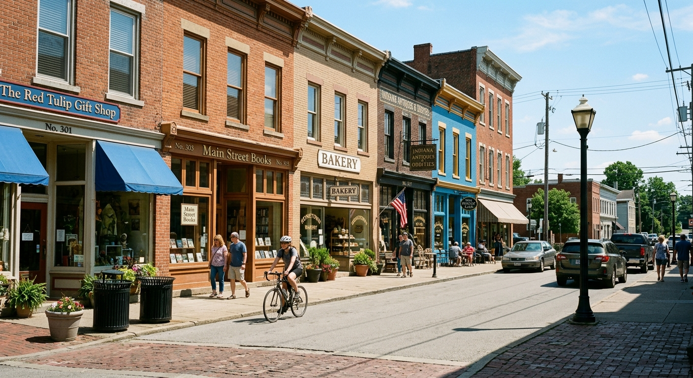 Small business storefront on a quiet Main Street in Versailles Indiana on a clear afternoon