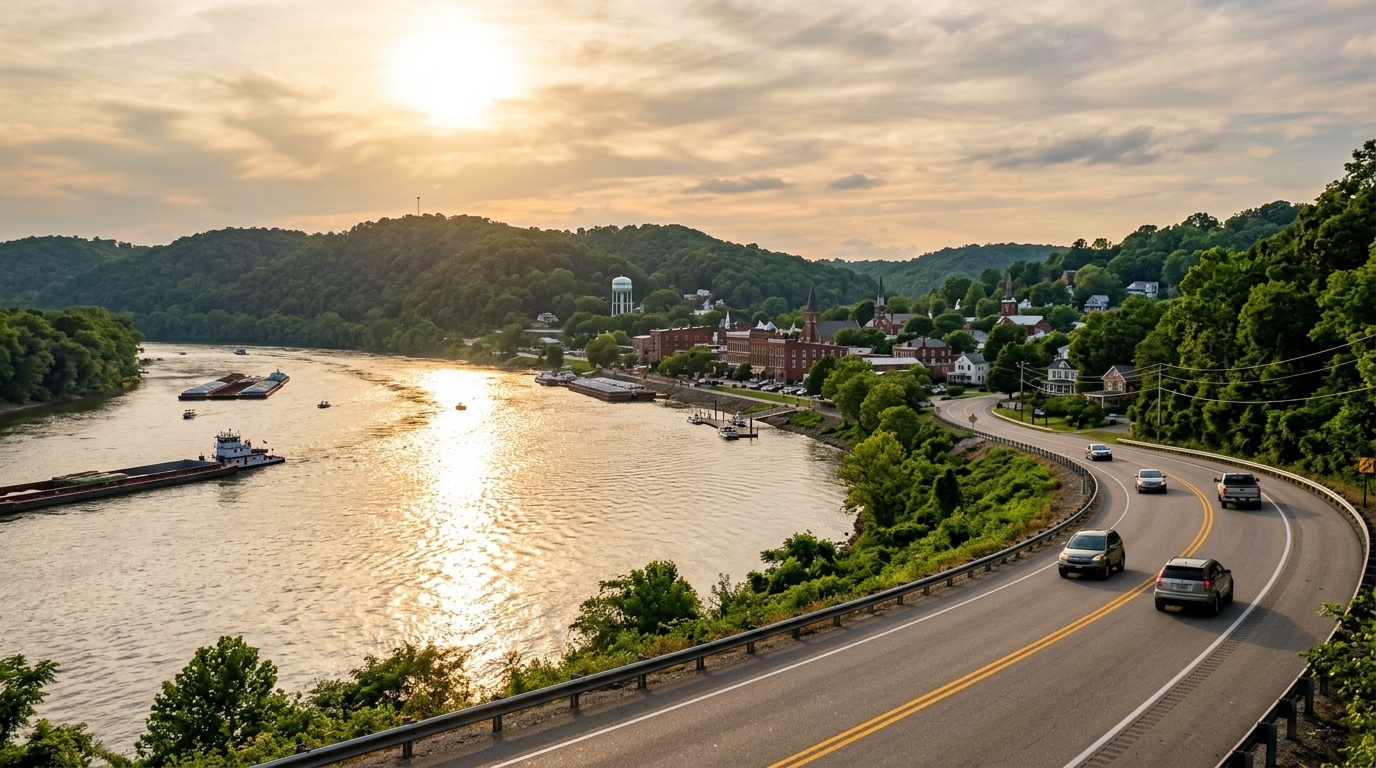 Ohio River waterfront view near Lawrenceburg Indiana with a car driving along a riverside road on a clear day