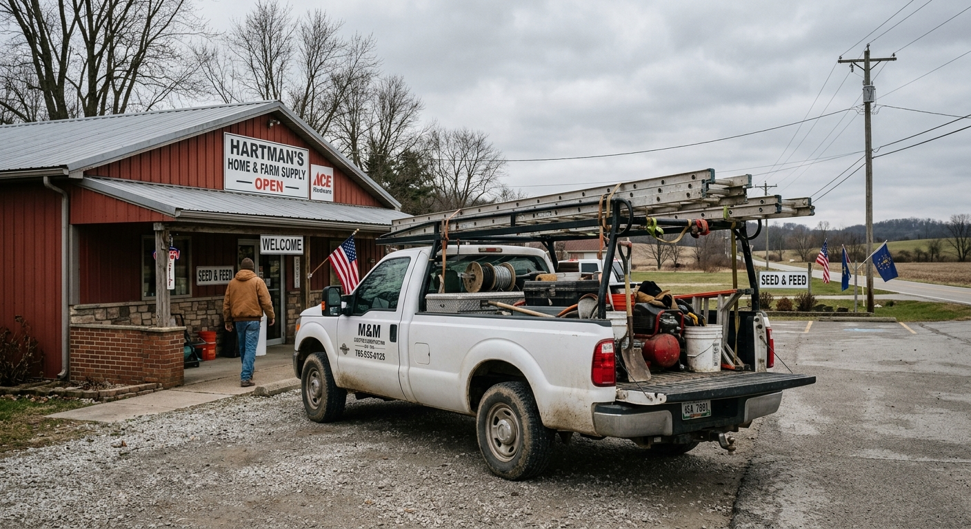 White commercial work truck parked outside a small business in a rural Indiana town on a clear day