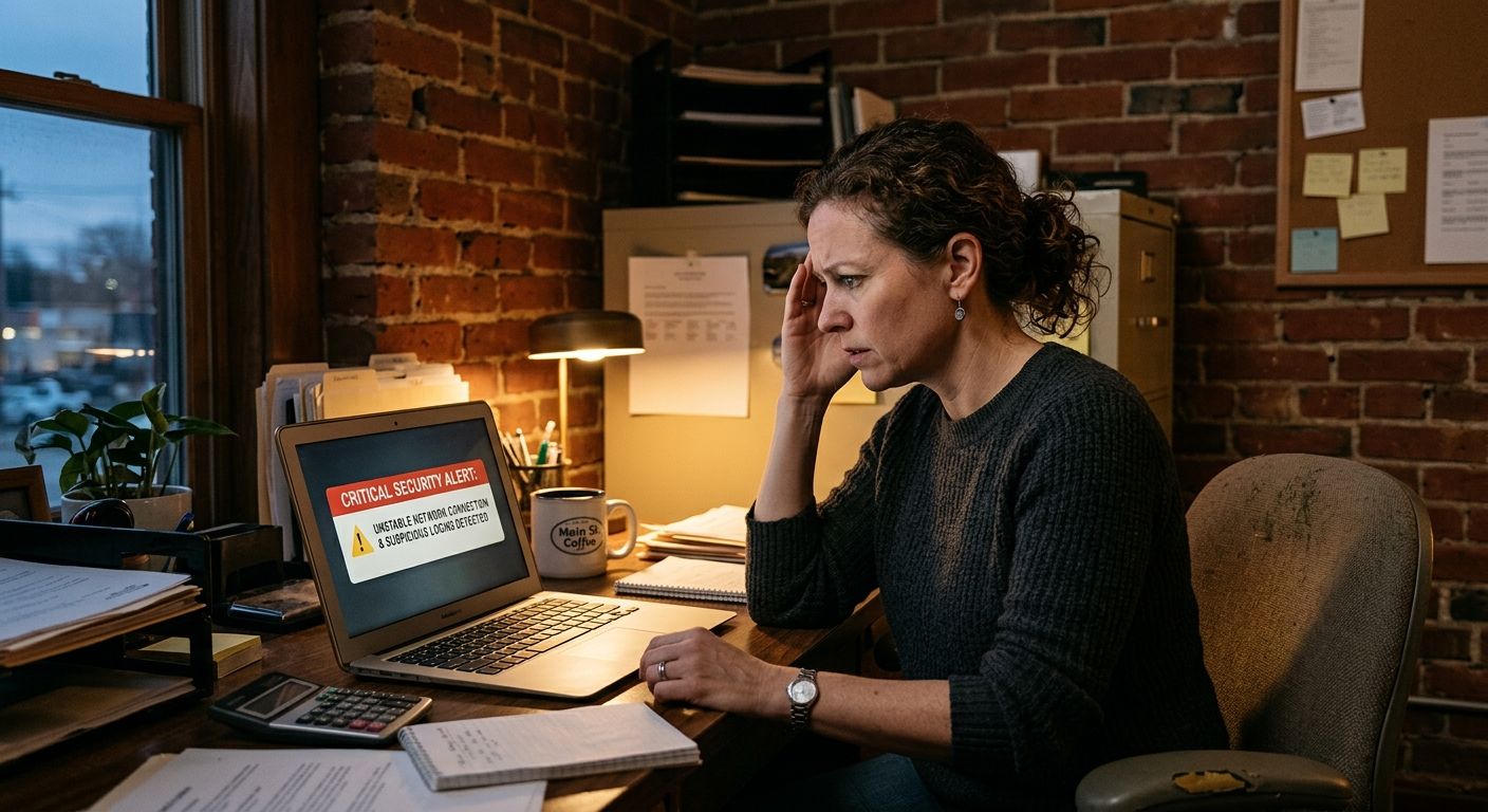 Small business owner at a desk reviewing documents on a laptop in a cozy Indiana storefront office