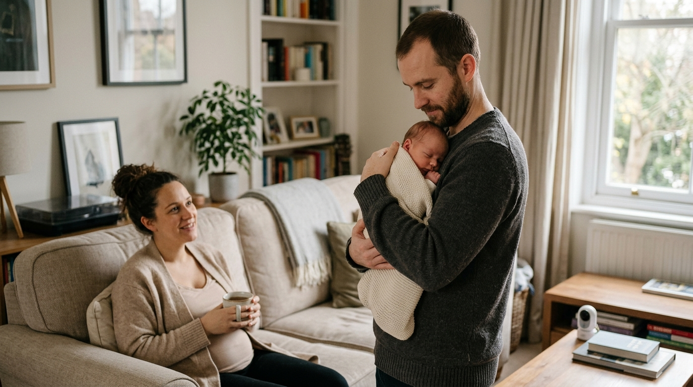 Young father cradling a newborn baby while the mother sits nearby with a mug of tea in a quiet living room