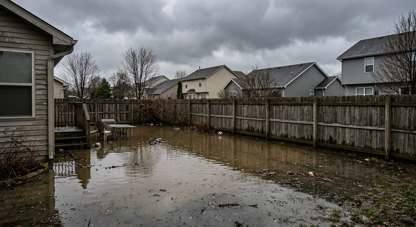 Flooded residential street in a small Indiana town with water rising over lawns and a house in the background