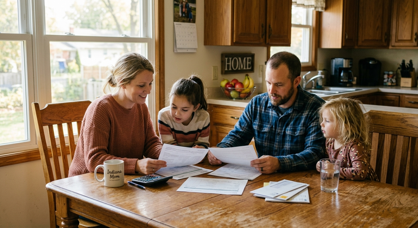 Family at a kitchen table in a small Indiana town reviewing financial documents and life insurance paperwork together
