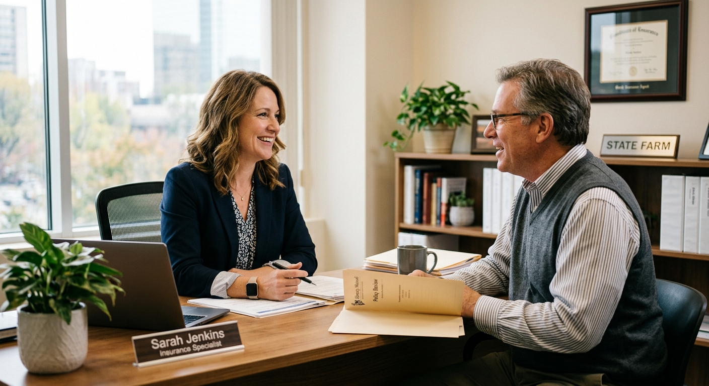 Local insurance agent sitting across a desk from a couple reviewing policy documents in a small Indiana office