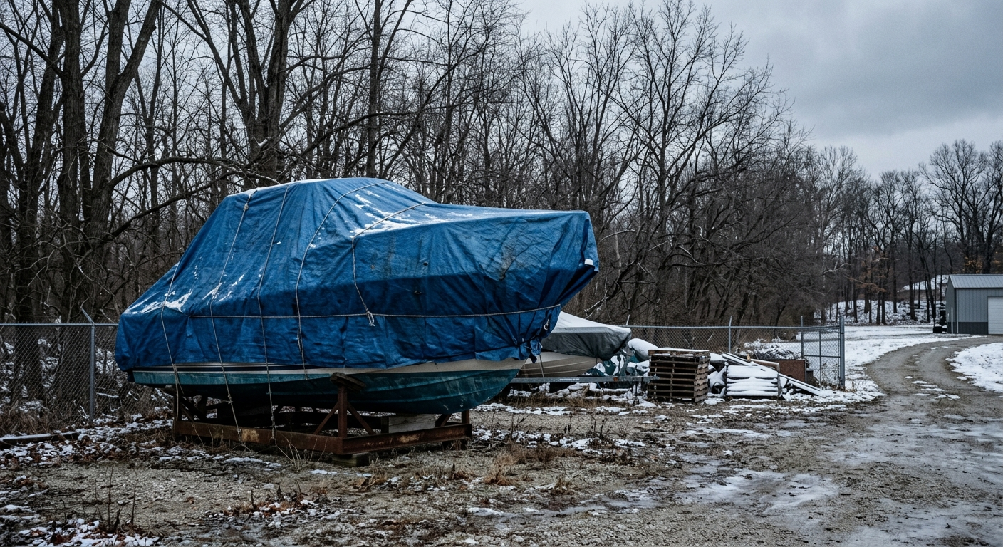 A pontoon boat covered with a blue tarp sitting on a trailer in a snowy outdoor storage lot in rural Indiana