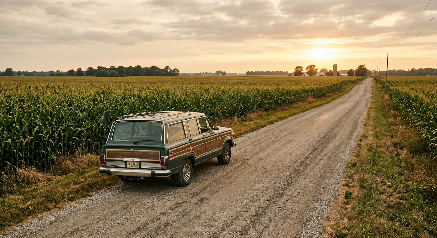 A car driving on a rural Indiana highway on a sunny day, viewed from behind with open fields on both sides