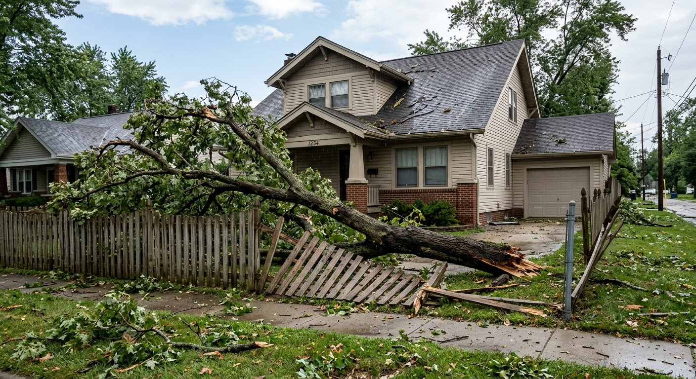 Indiana home exterior on a cloudy day with visible roof and siding, suggesting weather exposure and insurance risk