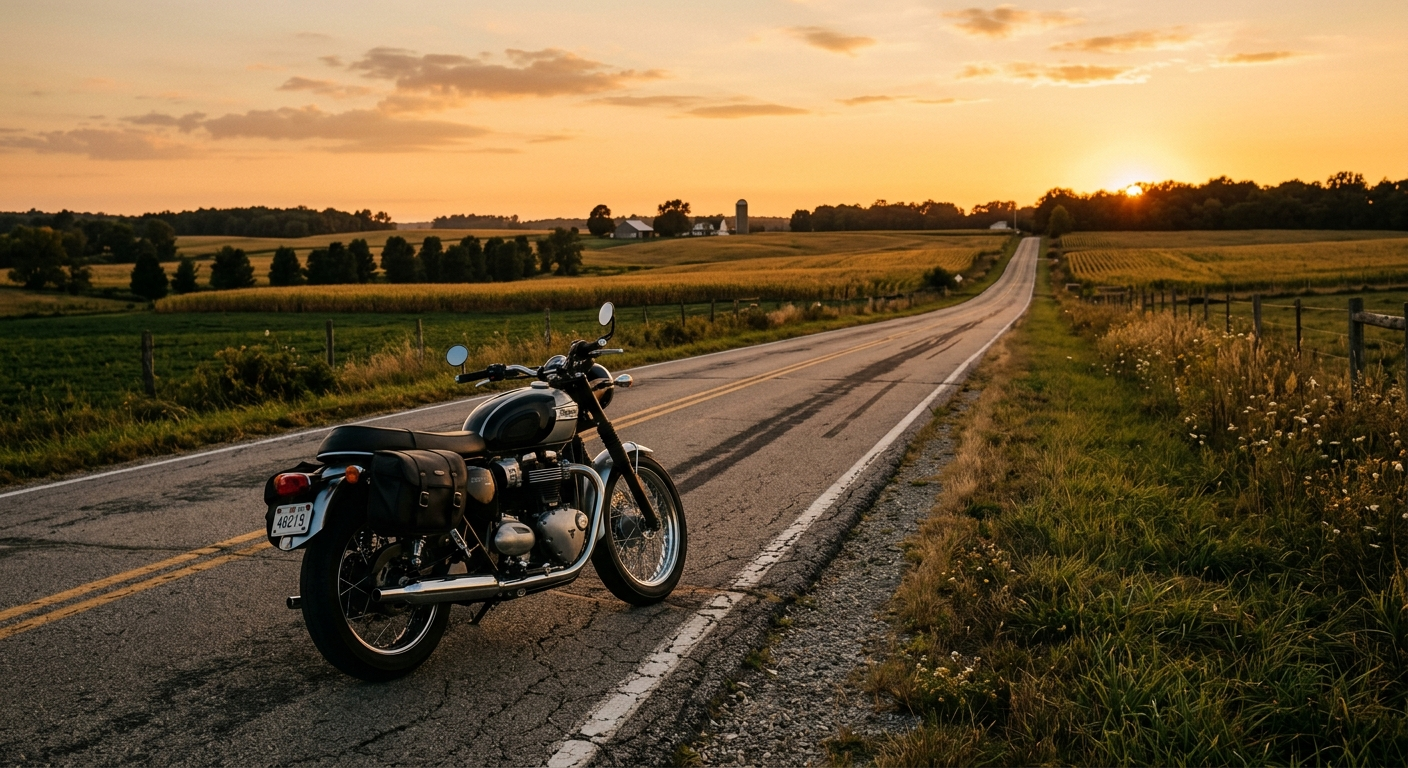 Motorcyclist riding on a two-lane Indiana highway on a clear day with green fields on either side