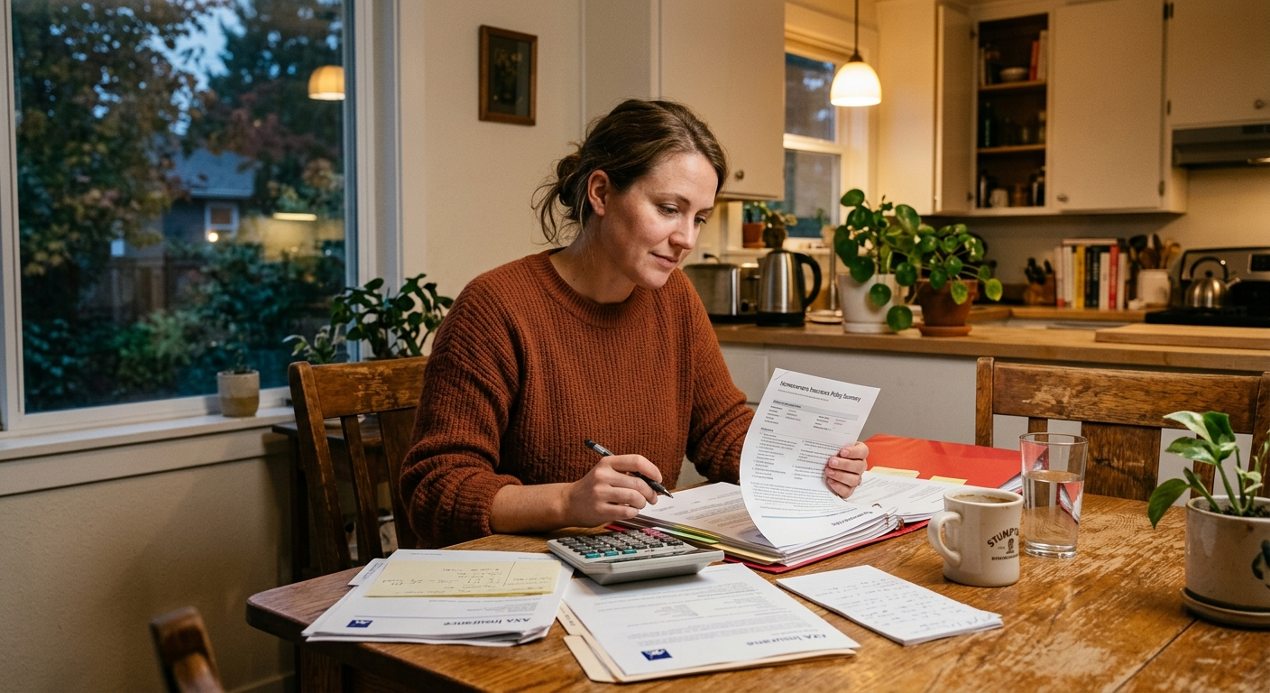 Indiana family reviewing insurance documents at a kitchen table with a laptop open to compare bundled policy quotes