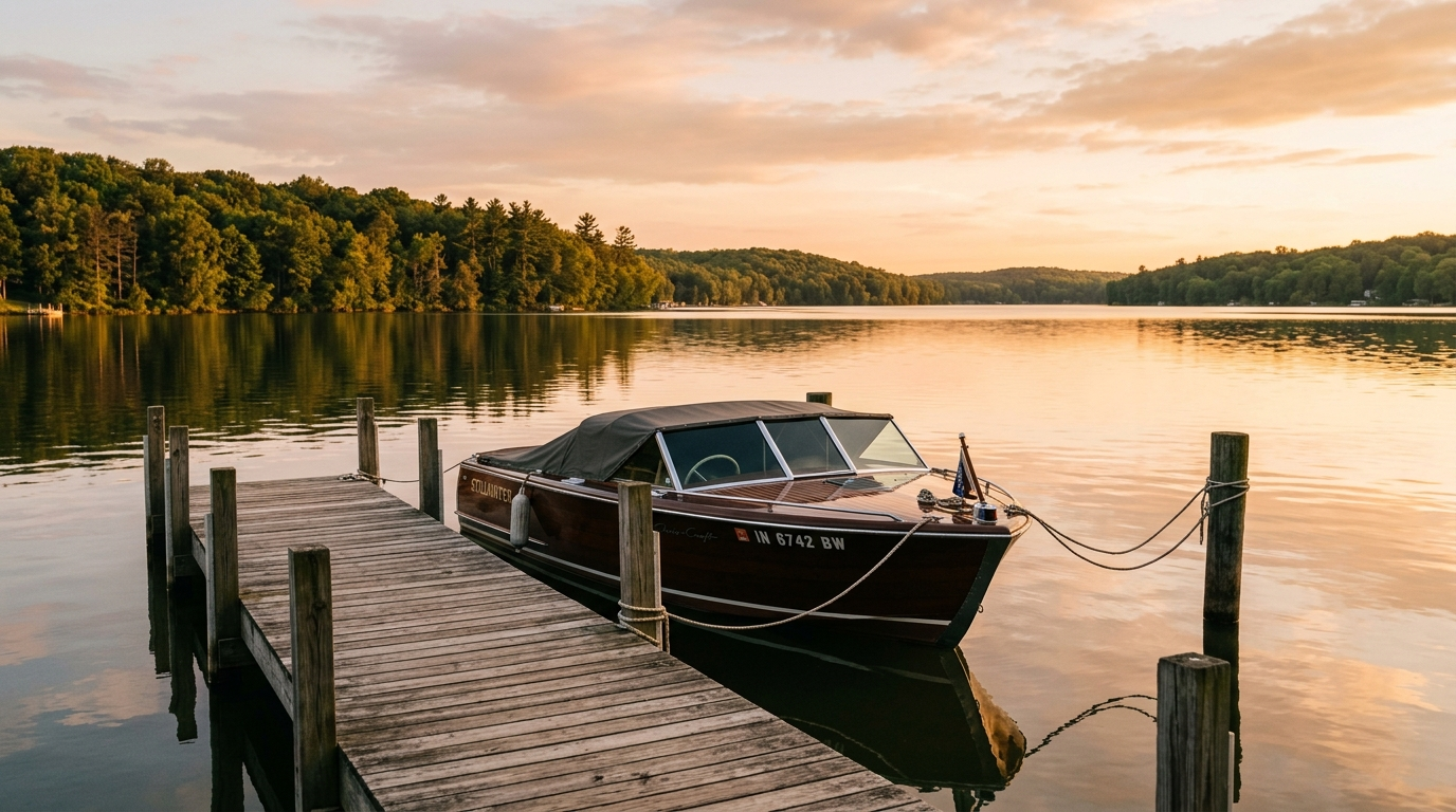 A pontoon boat docked at a wooden pier on a calm Indiana lake on a sunny summer afternoon