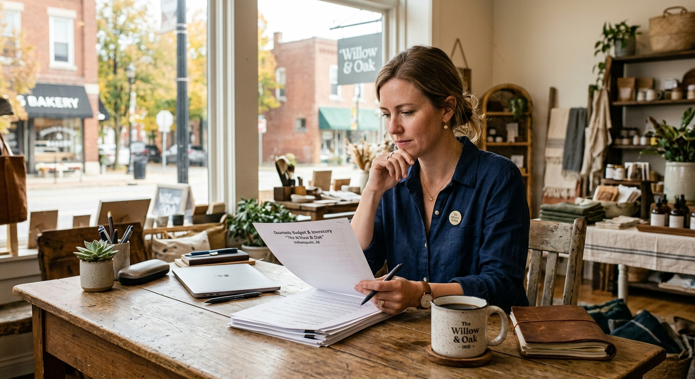Indiana small business owner reviewing life insurance documents at a desk in a local shop