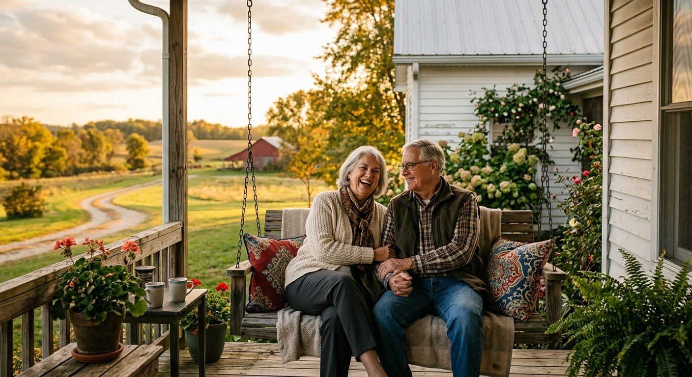 Older Indiana couple reviewing life insurance documents at a kitchen table with natural light coming through a window