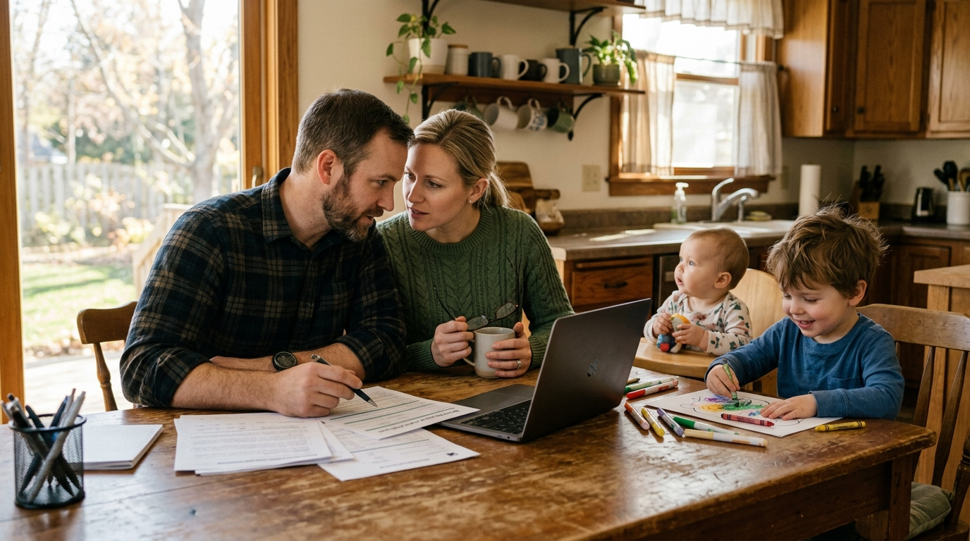 Young Midwestern family at kitchen table reviewing paperwork while toddler colors nearby
