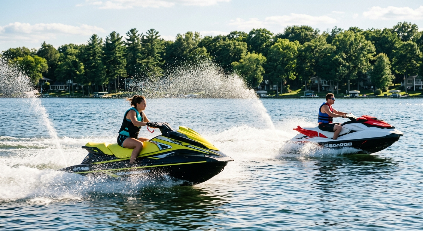 Two riders on personal watercraft speeding across a sunlit Indiana lake with a wooded shoreline in the background