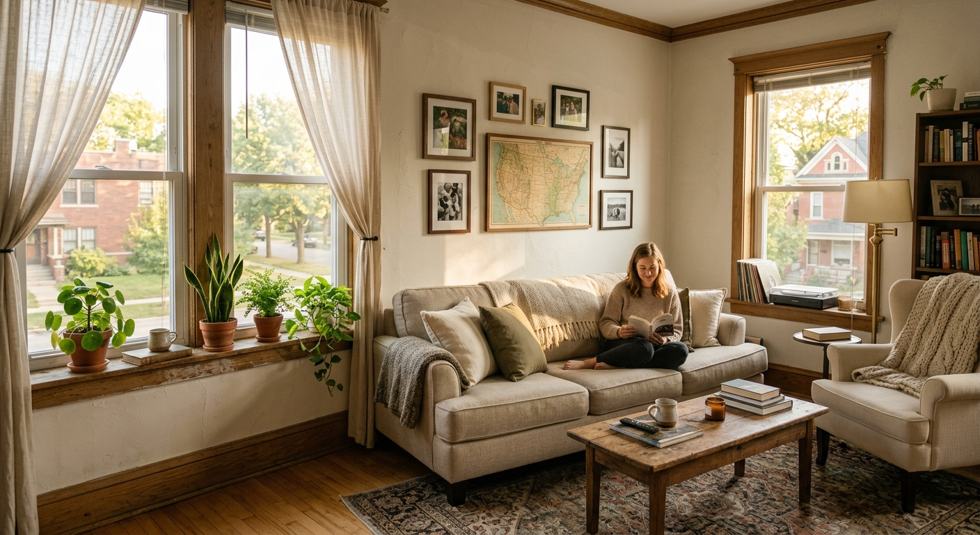 Young woman reviewing rental lease documents at a kitchen table in a modern Greensburg Indiana apartment