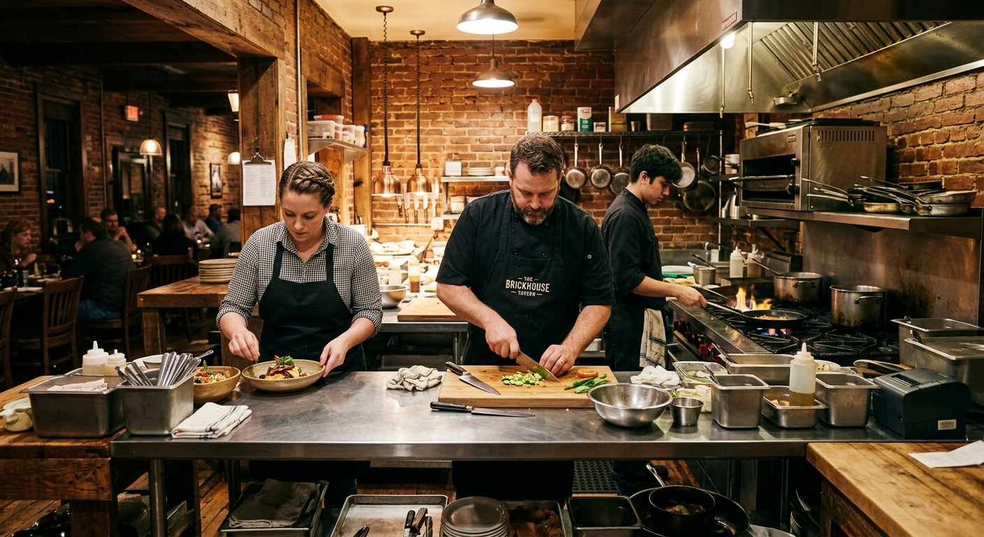 Busy Indiana restaurant kitchen with a chef working at a commercial stove, pots and equipment visible in the background