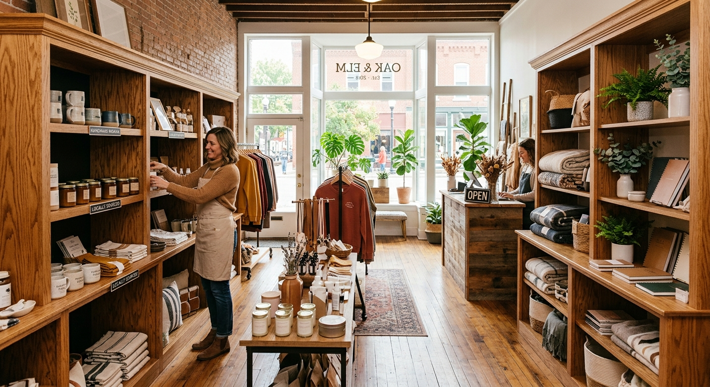 Inside a small retail shop with shelves of merchandise, a point-of-sale counter, and warm lighting in a small Indiana town