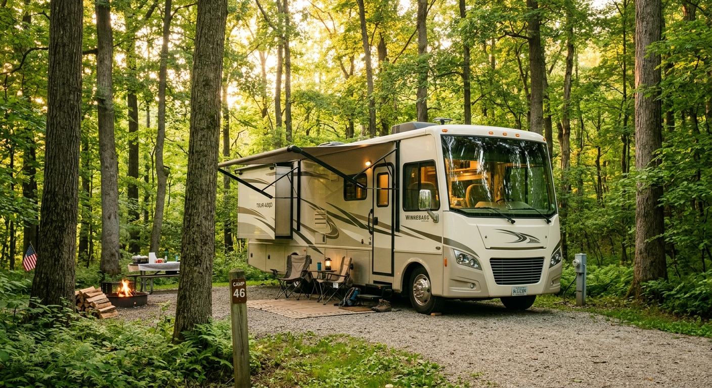A Class A motorhome parked at an Indiana campsite surrounded by fall foliage near a lake