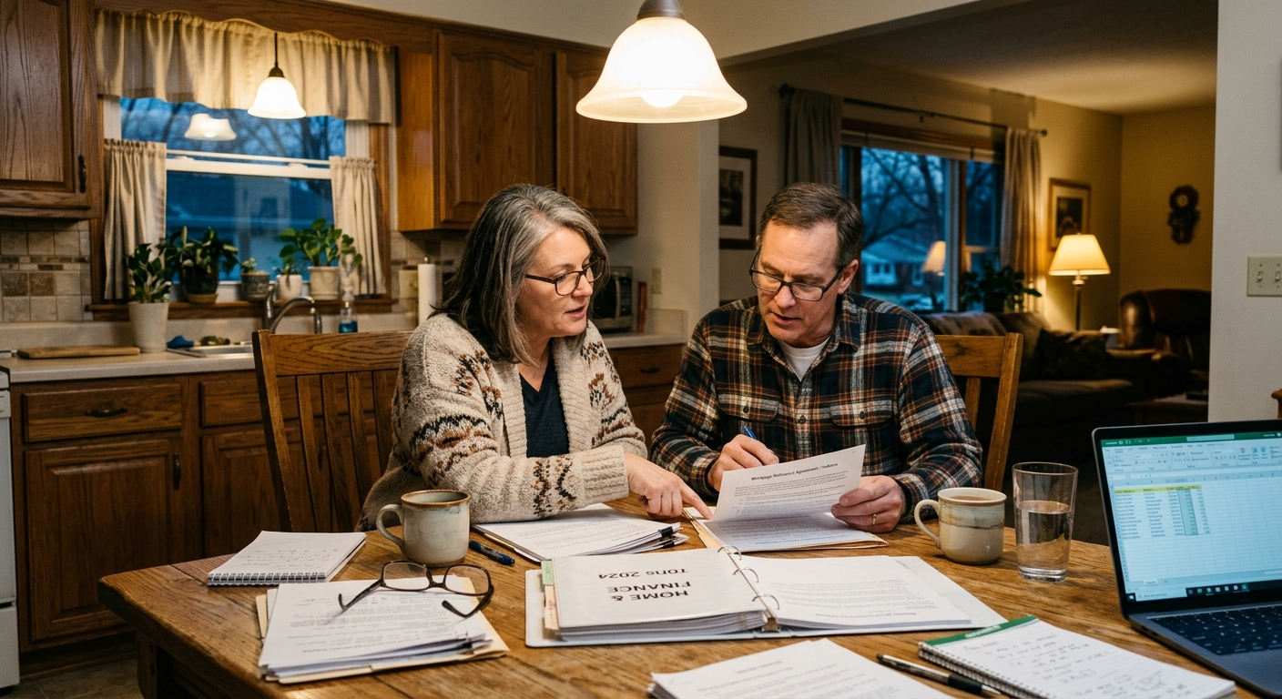 Indiana family sitting at a kitchen table reviewing life insurance policy documents with an agent