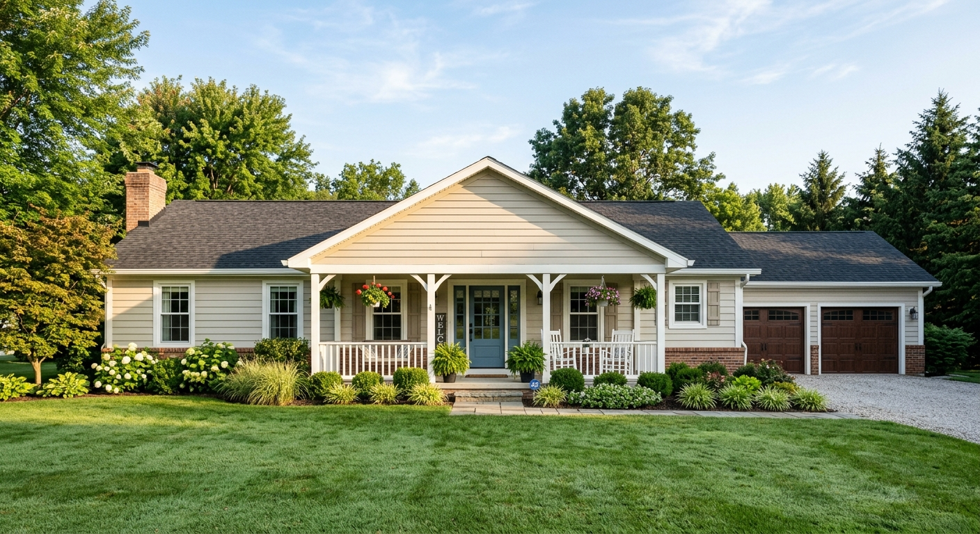 Indiana home exterior on a sunny day with a covered front porch and green lawn, viewed from the street