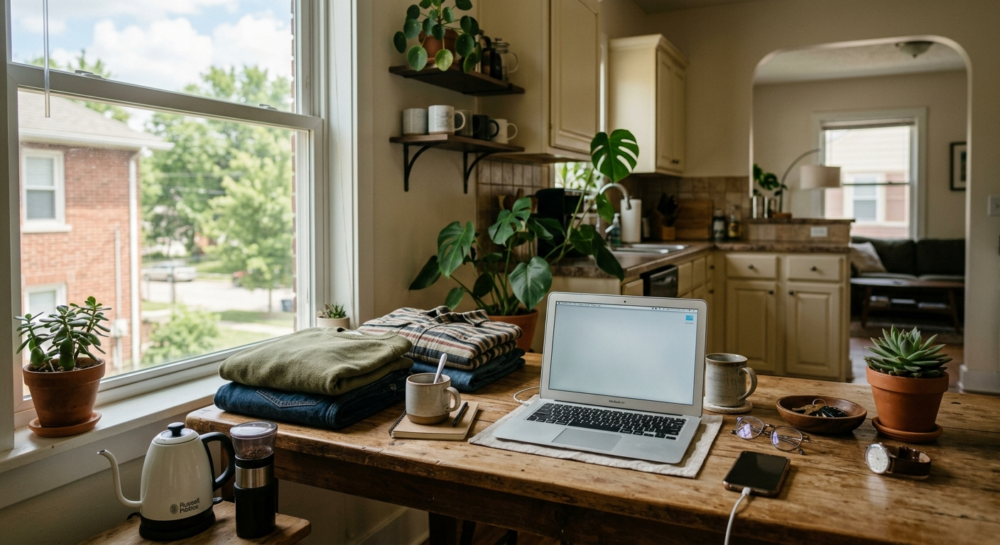 Young Indiana renter sitting at a kitchen table reviewing a renters insurance policy document in a modern apartment
