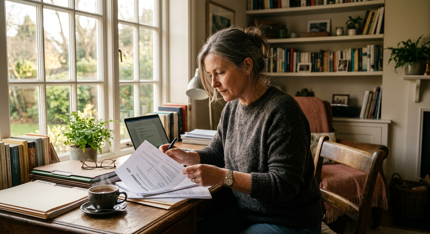 Indiana homeowner sitting at a kitchen table reviewing insurance policy documents with a pen in hand
