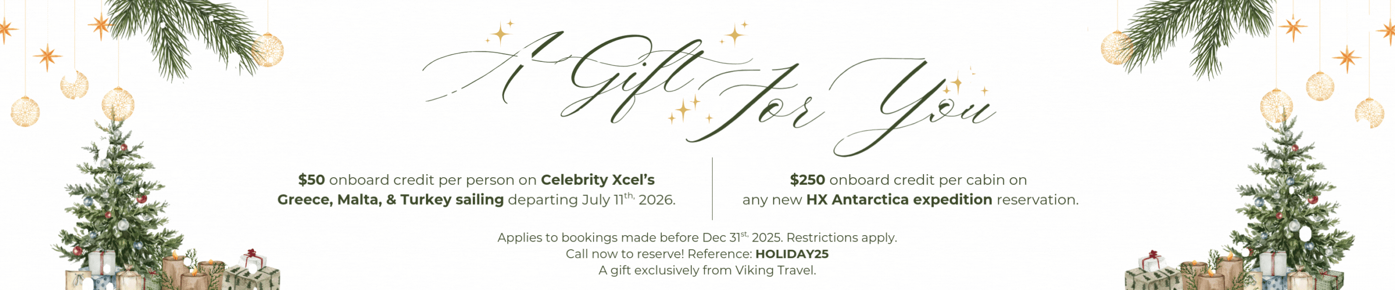Christmas-themed gift certificate with greenery, gifts, and the words 