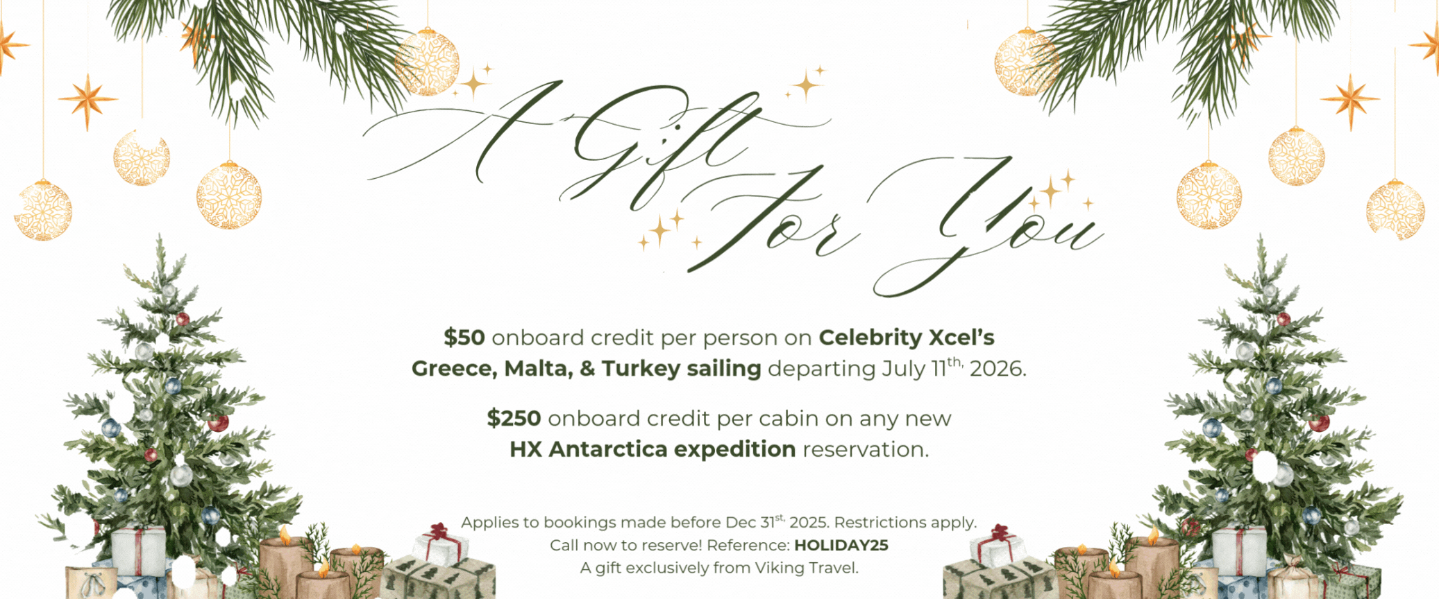 Christmas invitation with text and trees.