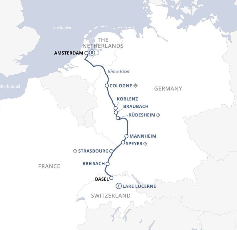 A map showing the route of Uniworld's Castles Along The Rhine river cruise.