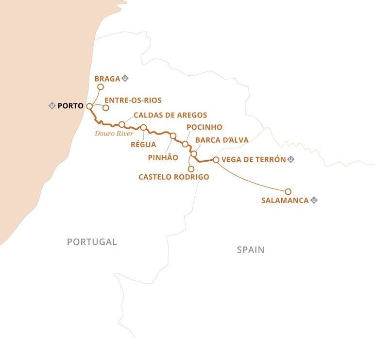 A map showing the route of a Uniworld river cruise through the Douro Valley.