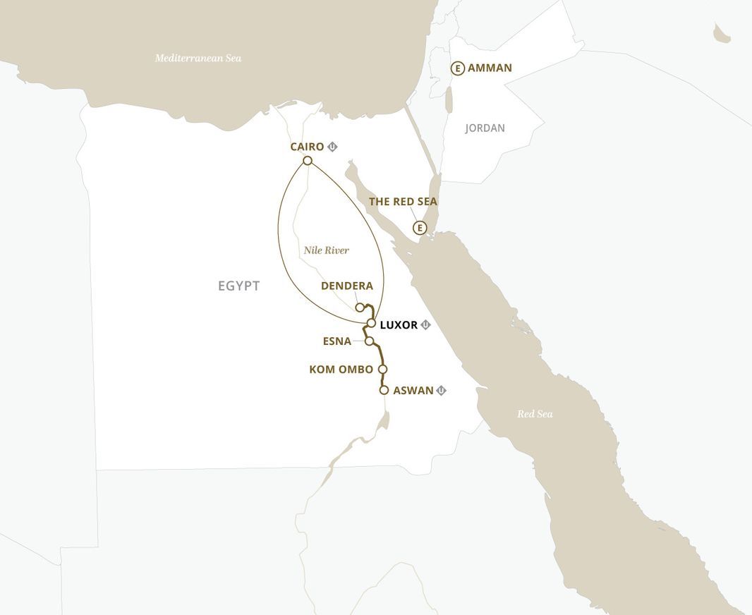 A map showing the route of a Uniworld river cruise through the Nile River in Egypt.