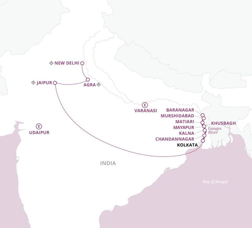 A map showing the route of Uniworld's India's Golden Triangle river cruise through the Ganges River.