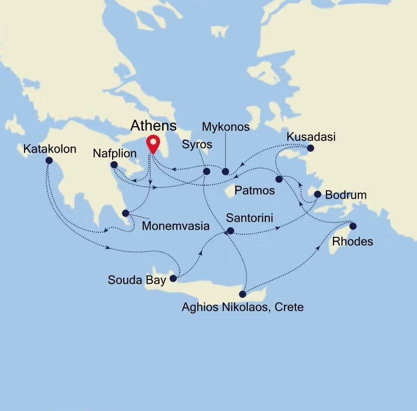 A map showing the route of a Silversea cruise through the islands of Greece.