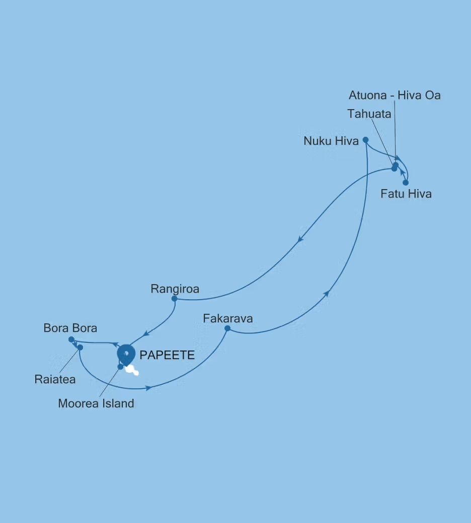 A map showing the route of a Silversea cruise around French Polynesia. 