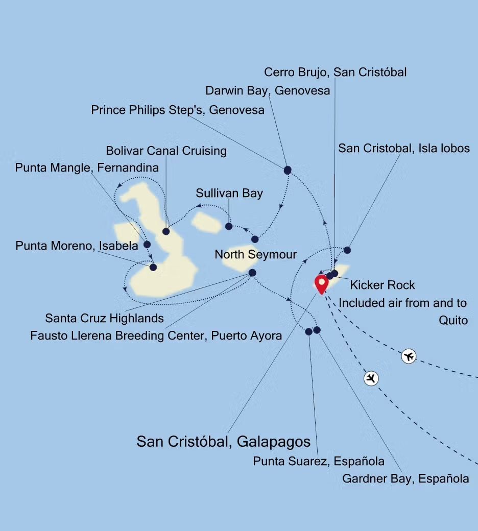 A map showing the route of Silversea's Galápagos Islands Expedition cruise.