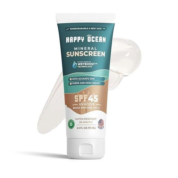 A tube of happy ocean mineral sunscreen spf 45