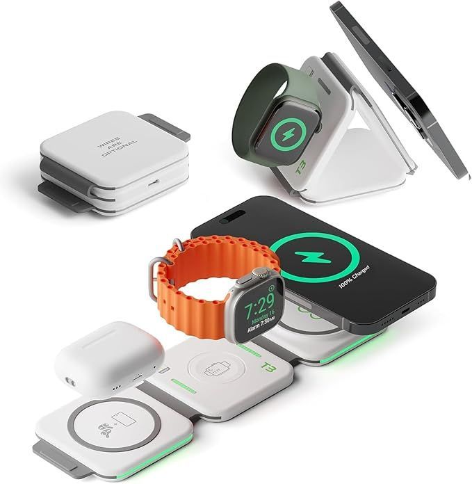 An apple watch is being charged by a wireless charger