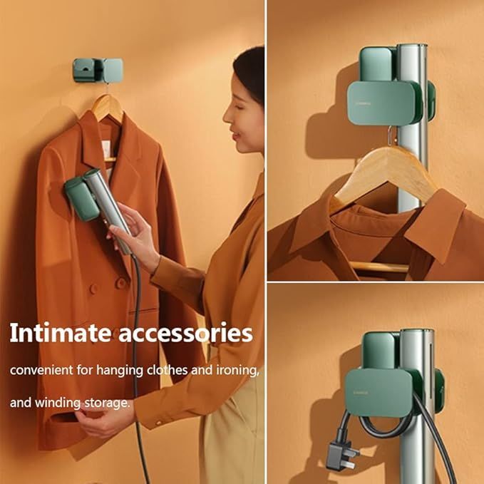 A woman is holding a steamer next to a jacket on a hanger.